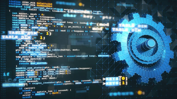 virtual reality computer design and development concept with c/c   programming language code, computer data and a blue 3d mesh gear model blueprint. - 系统软件开发 個照片及圖片檔